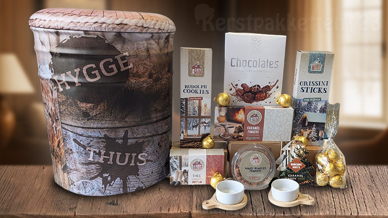 Scandinavisch opbergpoef kerstpakket met Happz design en luxe snacks
